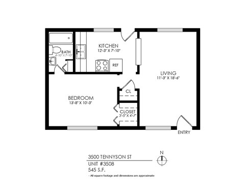 Floor plan for 1 bed, 1 bath, 425 sqft